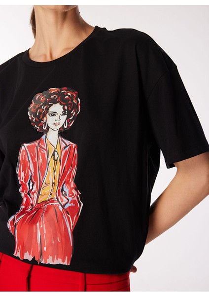 Bisiklet Yaka Baskılı Siyah Kadın T-Shirt F3WL-TST3 fırsatları