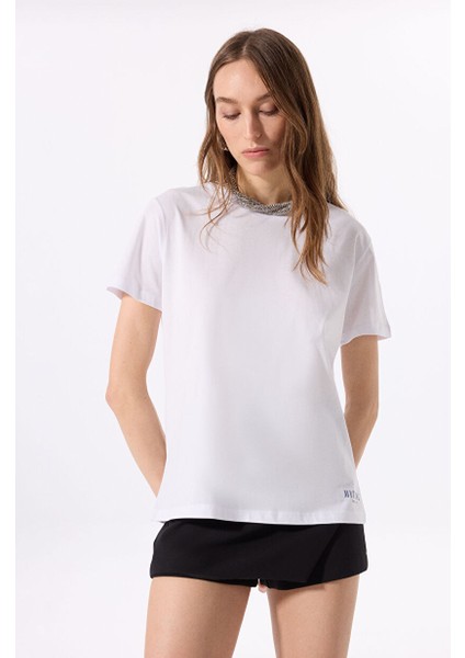 Beyaz Kadın Relaxed Baskılı T-Shirt M5SL-TST1830 modelleri