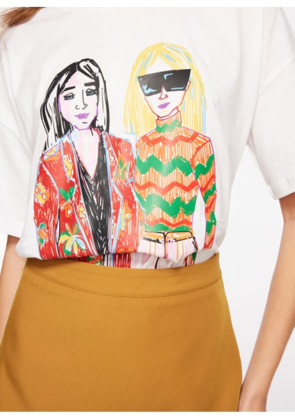 Bisiklet Yaka Baskılı Kırık Beyaz Kadın T-Shirt F3WL-TST5 indirimleri