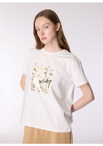 Ekru Kadın Relaxed Baskılı T-Shirt M4WL-TST-1094