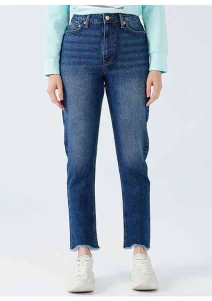 Boru Paça Normal Bel Indigo Kadın Denim Pantolon K-101