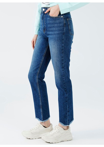 Boru Paça Normal Bel Indigo Kadın Denim Pantolon K-101