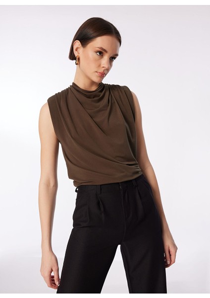 Haki Kadın Degaje Yaka Basic Bluz F4SL-BLZ0493