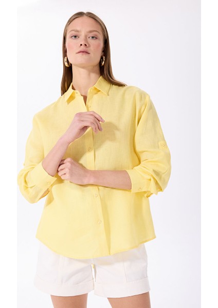 Sarı Kadın Oversize %100 Keten Gömlek F5SL-GML0030