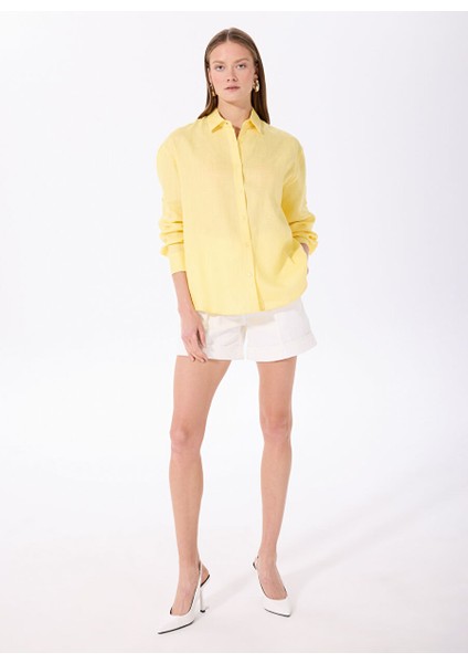 Sarı Kadın Oversize %100 Keten Gömlek F5SL-GML0030