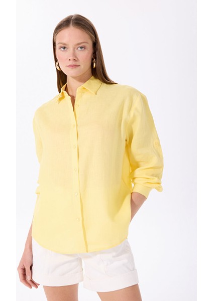 Sarı Kadın Oversize %100 Keten Gömlek F5SL-GML0030