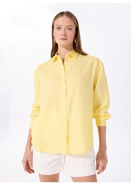 Sarı Kadın Oversize %100 Keten Gömlek F5SL-GML0030