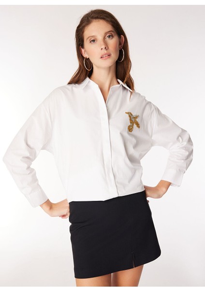 Beyaz Kadın Oversize Baskılı Gömlek FC4WL-GML0010