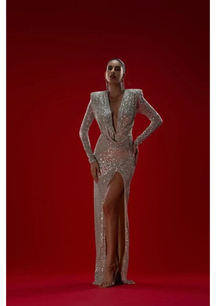 Gümüş/bej Payetli Drape Detaylı Uzun Elbise