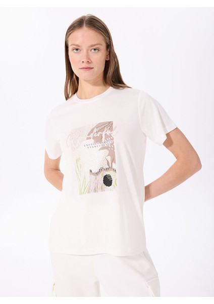 Kırık Beyaz Kadın Bisiklet Yaka Relaxed Baskılı T-Shirt FC5SL-TST0375 modelleri
