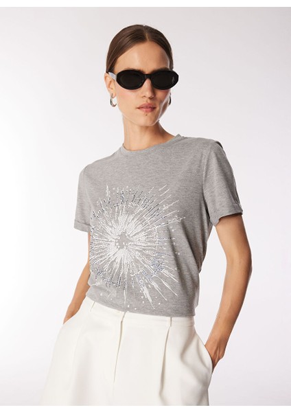 Gri Melanj Kadın Bisiklet Yaka Basic Baskılı T-Shirt FC4WL-TST0124