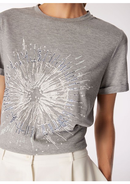 Gri Melanj Kadın Bisiklet Yaka Basic Baskılı T-Shirt FC4WL-TST0124 fırsatları
