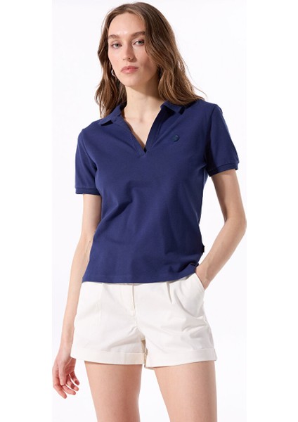 Lacivert Kadın Relaxed Düz Polo T-Shirt J5SL-TST7070