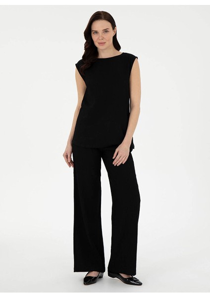 Siyah Kadın Loose Fit Pantolon Rısta-P