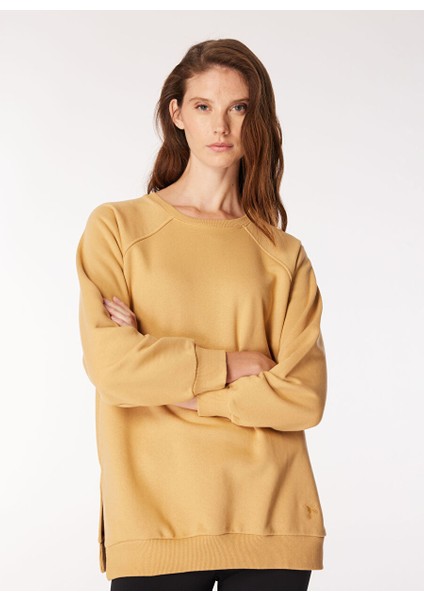 Bisiklet Yaka Geniş Fit Düz Deve Tüyü Kadın Sweatshirt - Falu modelleri