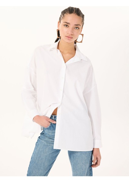 Beyaz Kadın Gömlek Oversize Çizgili Gömlek M4WL-GML-1185
