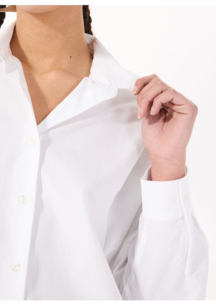 Beyaz Kadın Gömlek Oversize Çizgili Gömlek M4WL-GML-1185