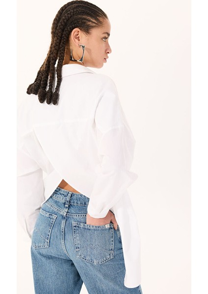 Beyaz Kadın Gömlek Oversize Çizgili Gömlek M4WL-GML-1185