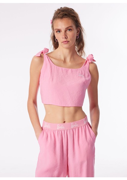 Pembe Kız Çocuk Kare Yaka Crop Nakışlı Bluz BRB4SL-BLZ6076