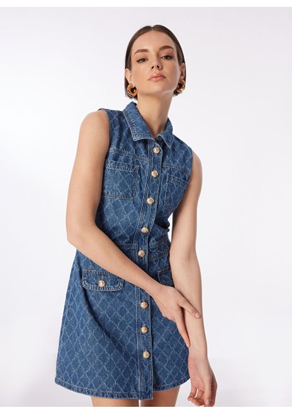 Indigo Kadın Mini Basic Armürlü Denim Elbise F4SL-ELB0552