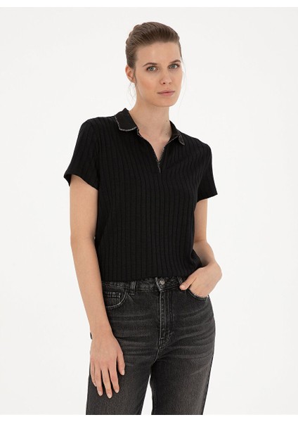 Siyah Kadın Slim Fit Polo T-Shirt Rıno