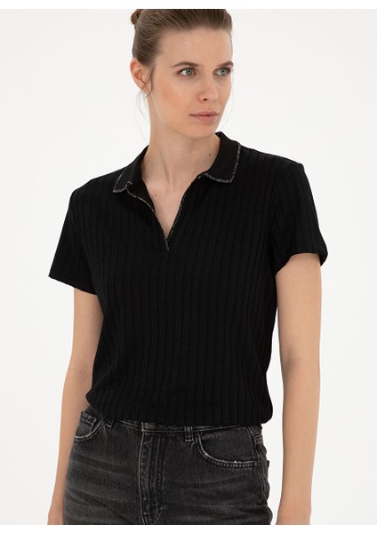 Siyah Kadın Slim Fit Polo T-Shirt Rıno modelleri