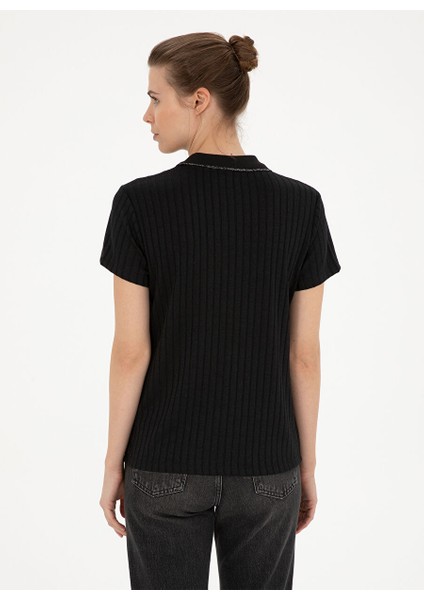 Siyah Kadın Slim Fit Polo T-Shirt Rıno indirimleri