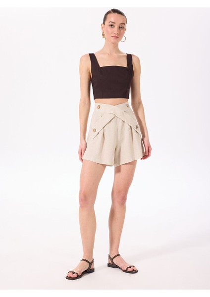 Bej Kadın Relaxed Piliseli Şort F5SL-SHT0403