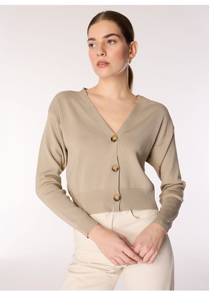 Bej Kadın V Oversize Düz Hırka F4WL-HRK W61