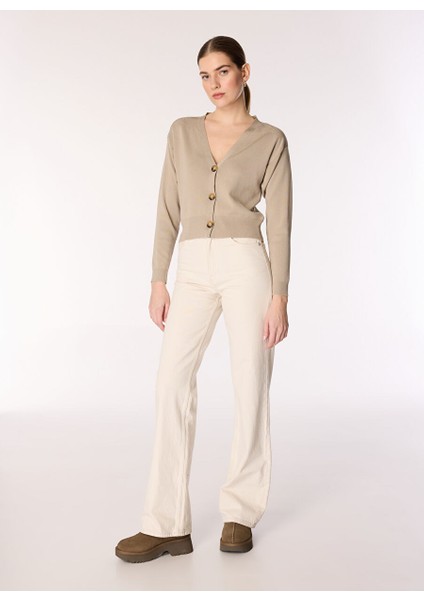 Bej Kadın V Oversize Düz Hırka F4WL-HRK W61