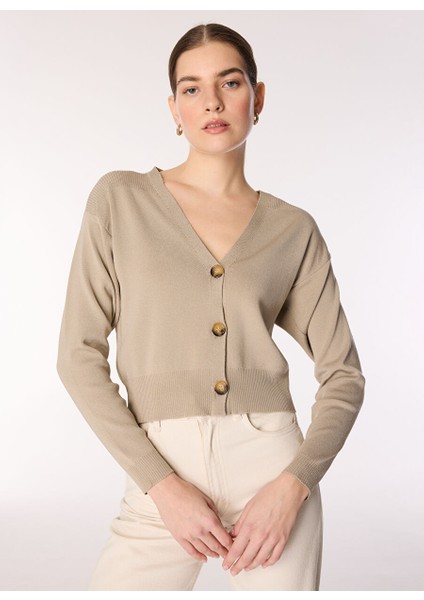Bej Kadın V Oversize Düz Hırka F4WL-HRK W61