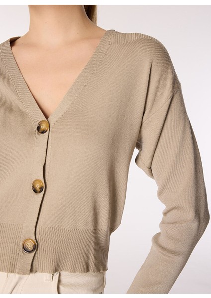 Bej Kadın V Oversize Düz Hırka F4WL-HRK W61