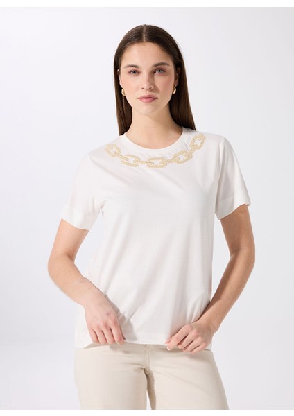 Kırık Beyaz Kadın Relaxed Nakışlı T-Shirt FC5SL-TST0180