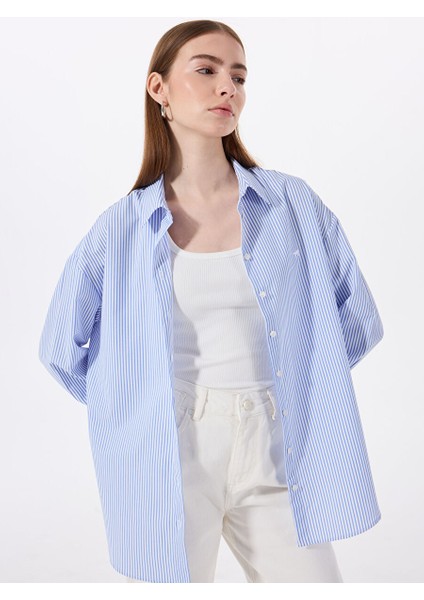 Mavi Kadın Oversize Çizgili Gömlek M5SL-GML1689