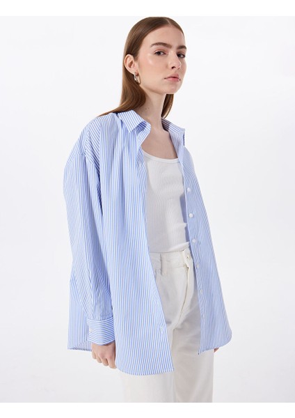 Mavi Kadın Oversize Çizgili Gömlek M5SL-GML1689