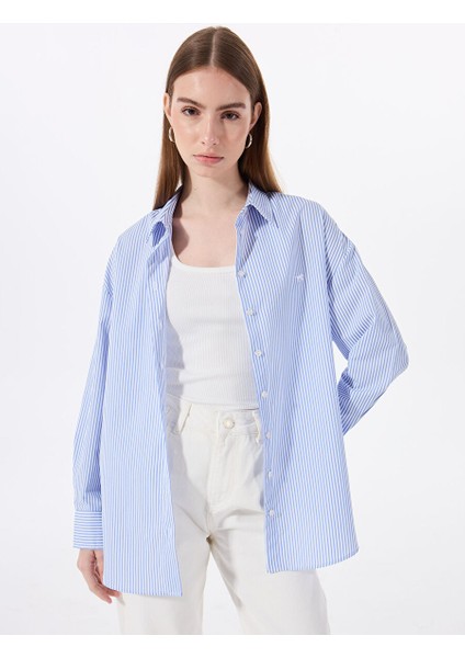 Mavi Kadın Oversize Çizgili Gömlek M5SL-GML1689