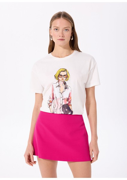 Kırık Beyaz Kadın Relaxed Düz T-Shirt F5SL-TST0286 modelleri