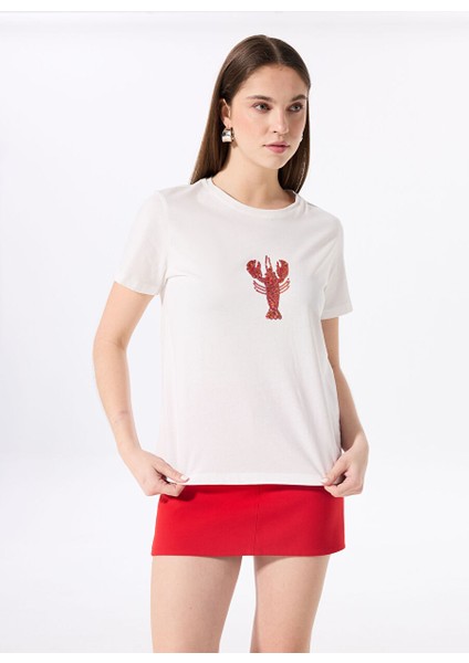 Kırık Beyaz Kadın Relaxed Payetli T-Shirt F5SL-TST0385