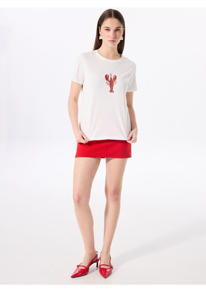 Kırık Beyaz Kadın Relaxed Payetli T-Shirt F5SL-TST0385 fiyatları