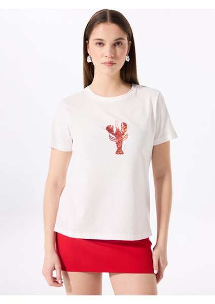 Kırık Beyaz Kadın Relaxed Payetli T-Shirt F5SL-TST0385 modelleri
