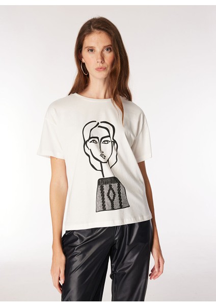 Kırık Beyaz Kadın Basic Baskılı T-Shirt F4WL-TST0370 fiyatları