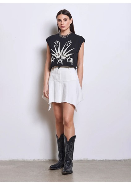 Yuvarlak Yaka Baskılı Siyah Kadın T-Shirt TSKD05206