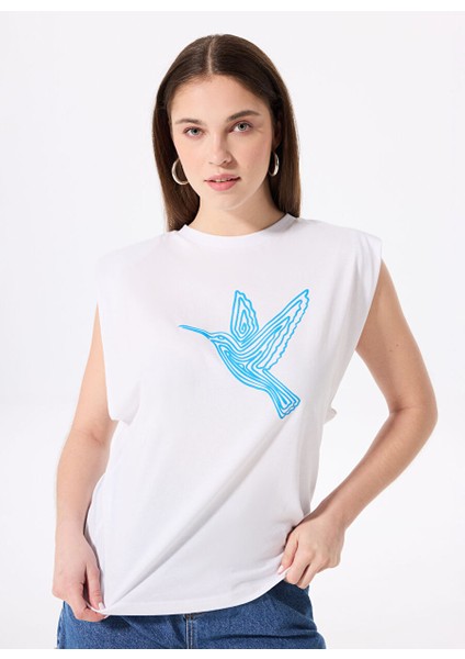 Kırık Beyaz Kadın Relaxed Baskılı T-Shirt F5SL-TST0372