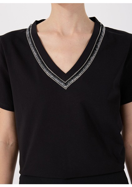 Siyah Kadın V Yaka Basic T-Shirt FC4SL-TST0708 modelleri