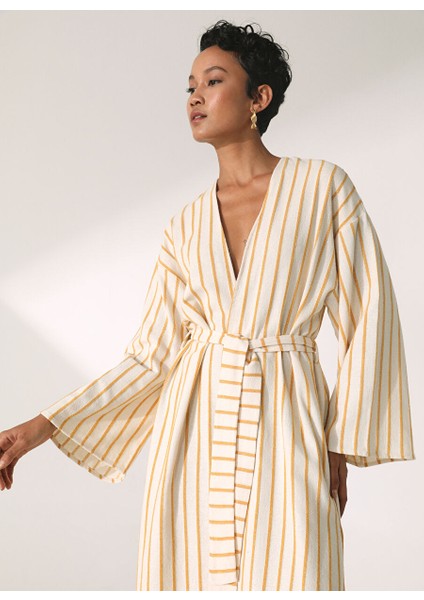 Çizgili Sarı - Beyaz Kadın Kaftan D302