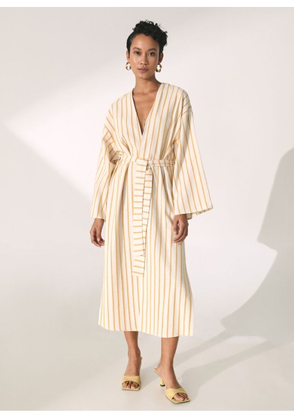 Çizgili Sarı - Beyaz Kadın Kaftan D302