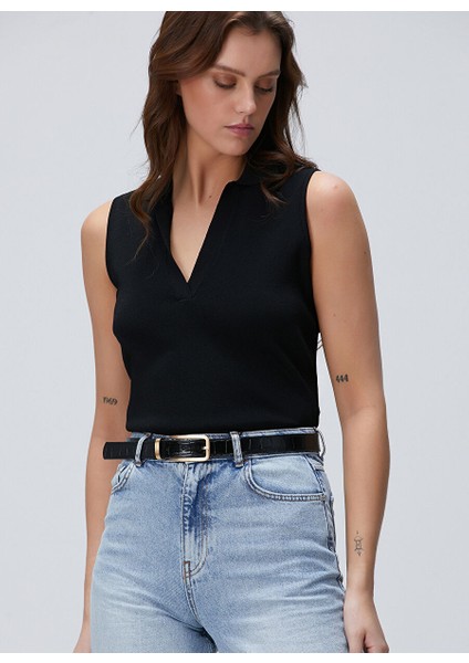 Siyah Kadın Polo Regular Fit Kazak 1094768