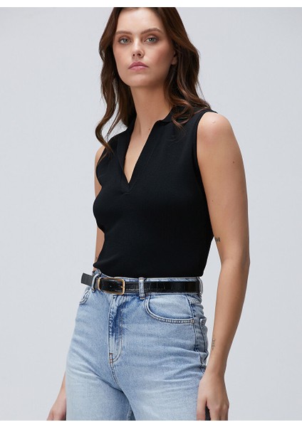 Siyah Kadın Polo Regular Fit Kazak 1094768