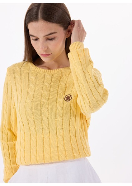 Sarı Kadın Bisiklet Relaxed Saç Örgü Kazak J5SL-KZK7138