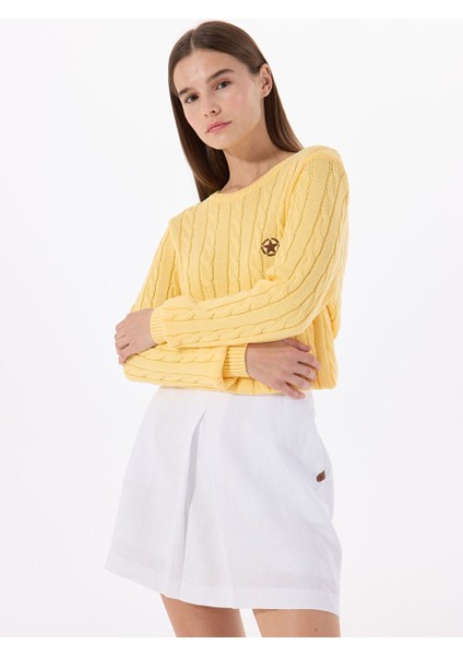 Sarı Kadın Bisiklet Relaxed Saç Örgü Kazak J5SL-KZK7138